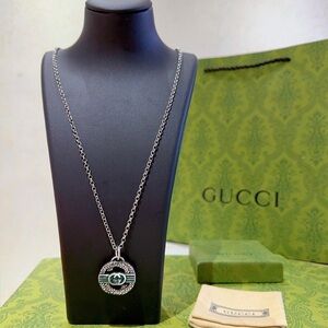 Gucci Silver Necklace with Green Emblem